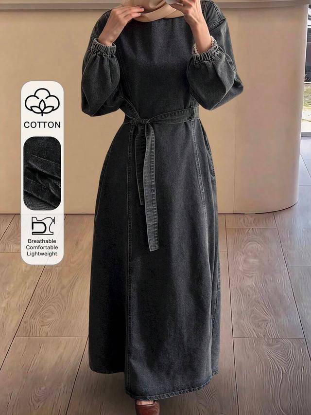 charcoal grey denim midi dress with belted waist