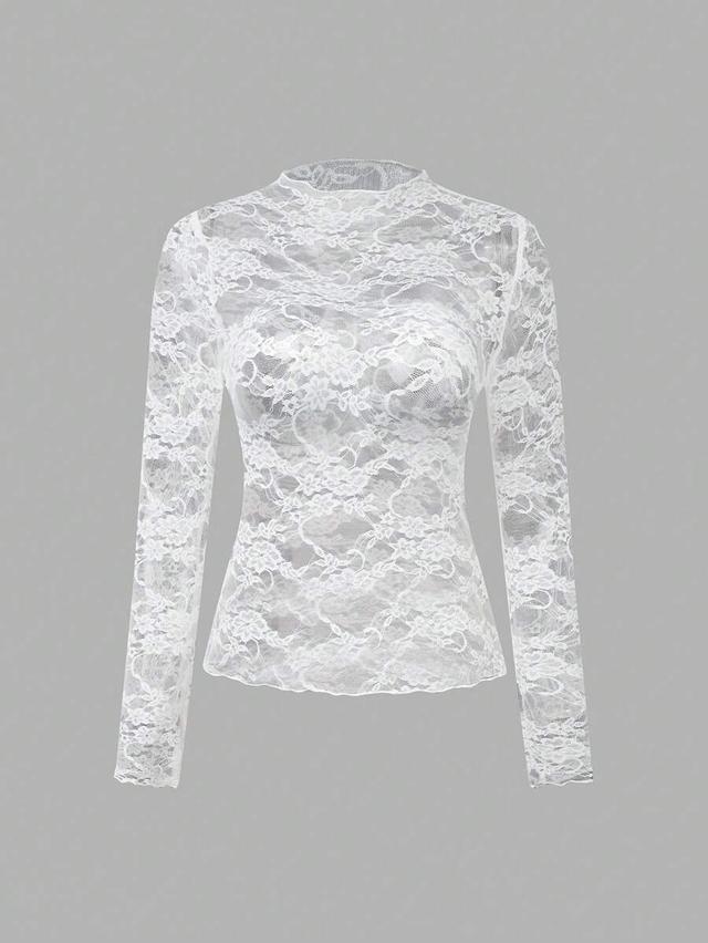 white floral lace long sleeve stand collar blouse
