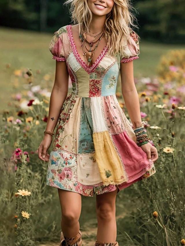 boho patchwork floral cotton mini dress