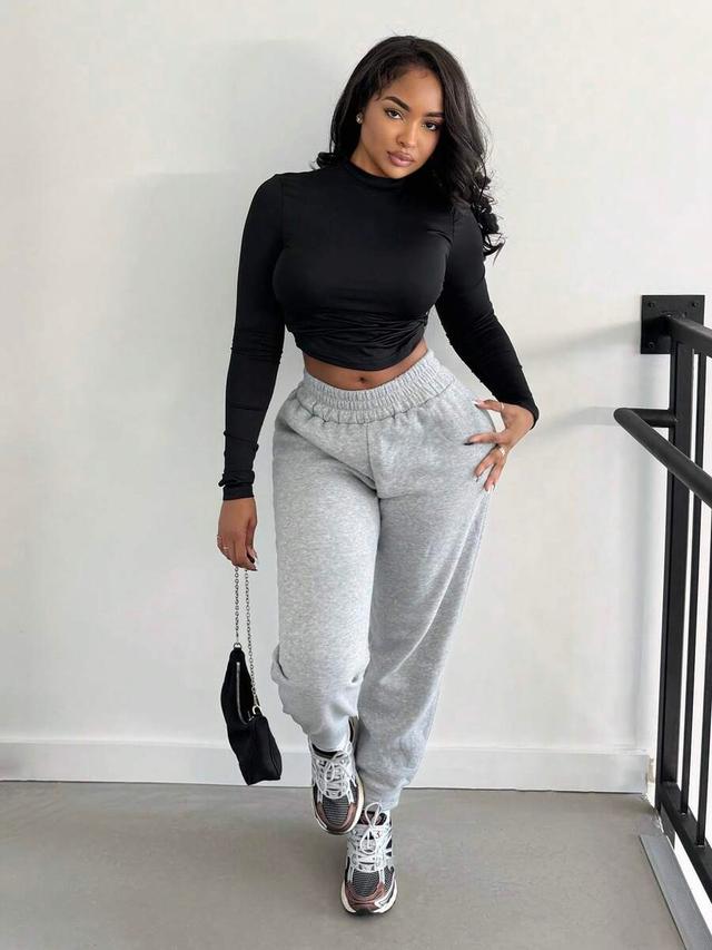 grey solid elastic waist casual sweatpants