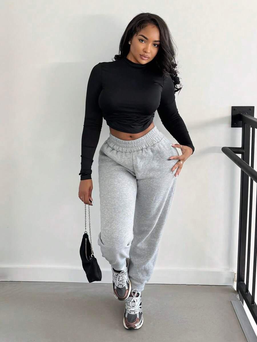 grey solid elastic waist casual sweatpants