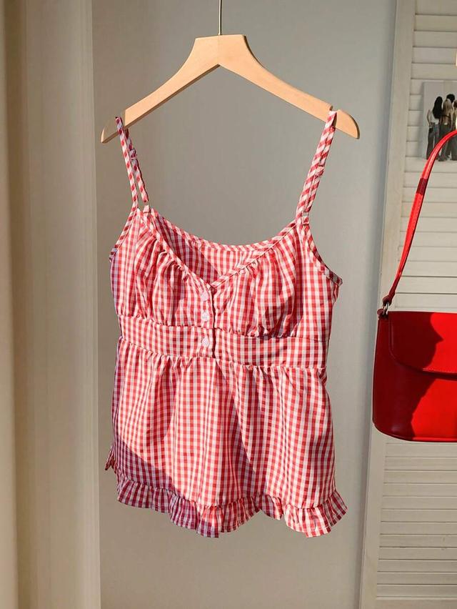 red and white plaid spaghetti strap button front top