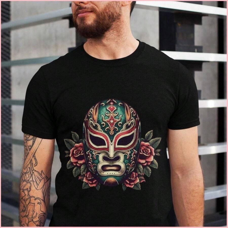 black mexican wrestler mask graphic t-shirt