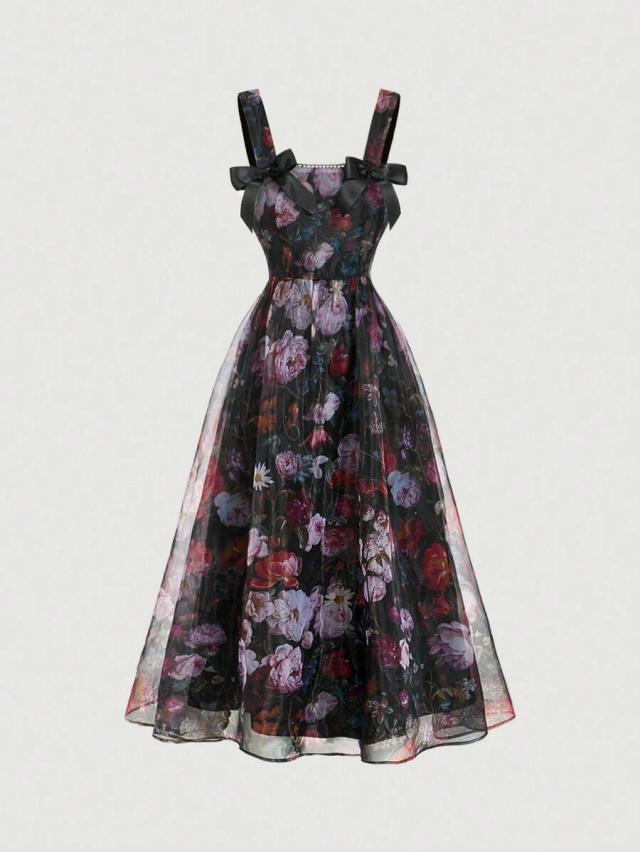 floral print vintage bowknot midi dress