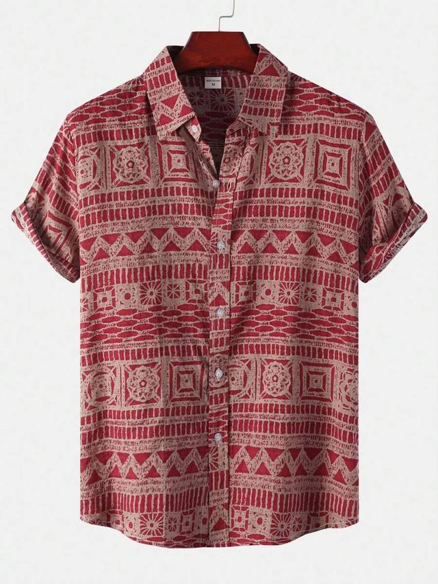 men's red and beige geometric print short sleeve shirt