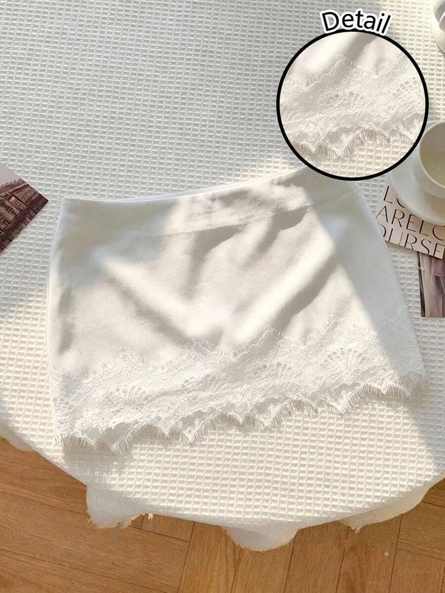 white solid color lace patchwork mini skirt