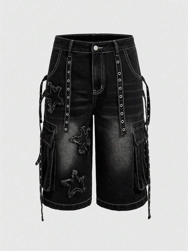 black denim cargo shorts with star patches and eyelets