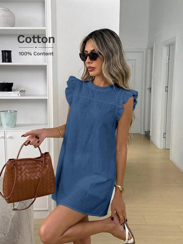 blue cotton shift dress with ruffle sleeves