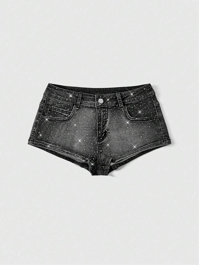 black denim shorts with scattered rhinestone embellishment