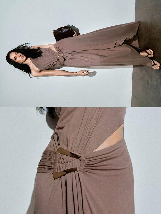 motf premium asymmetrical cut and ruched metal buckle dress