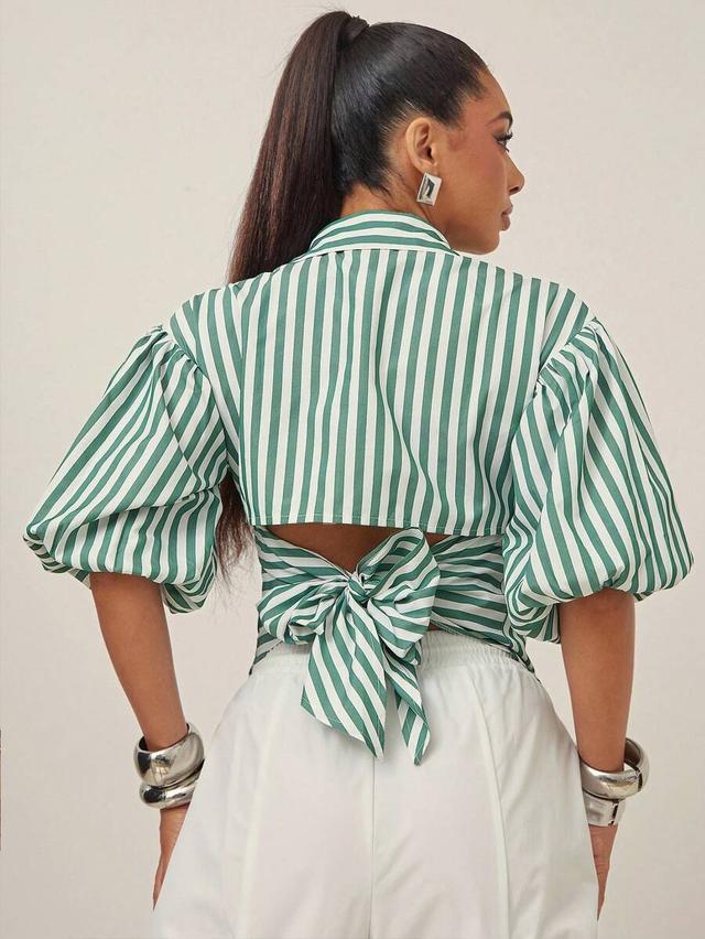 green and white striped puff sleeve tie back blouse