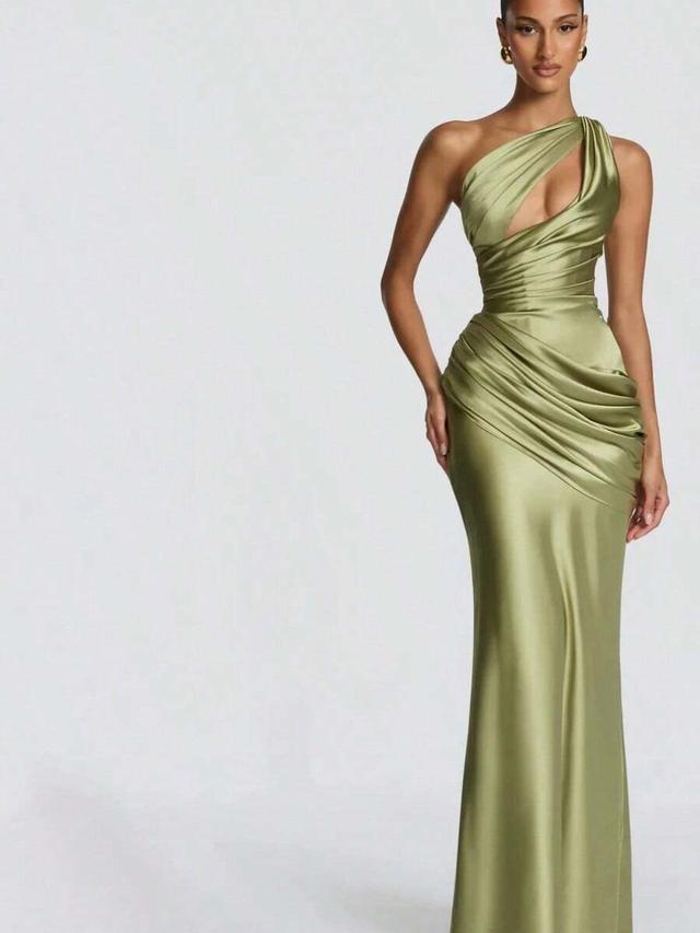 olive green one-shoulder draped satin evening dress