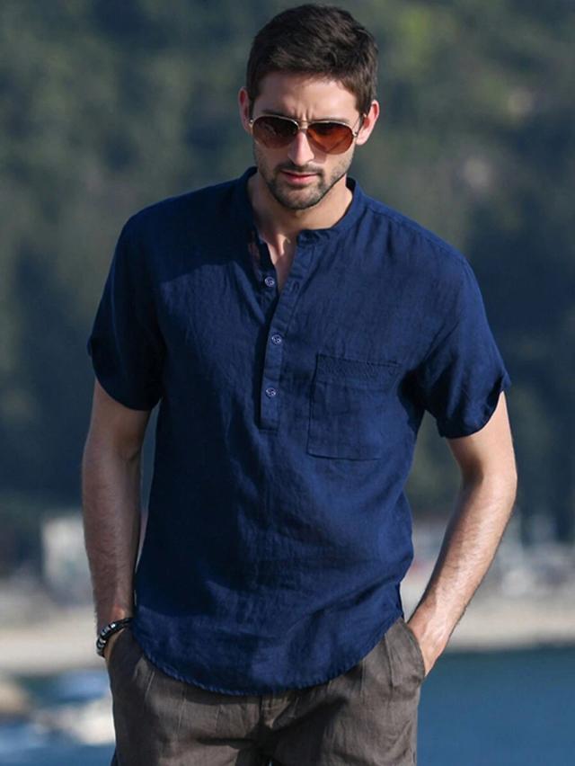 navy blue linen blend half button shirt