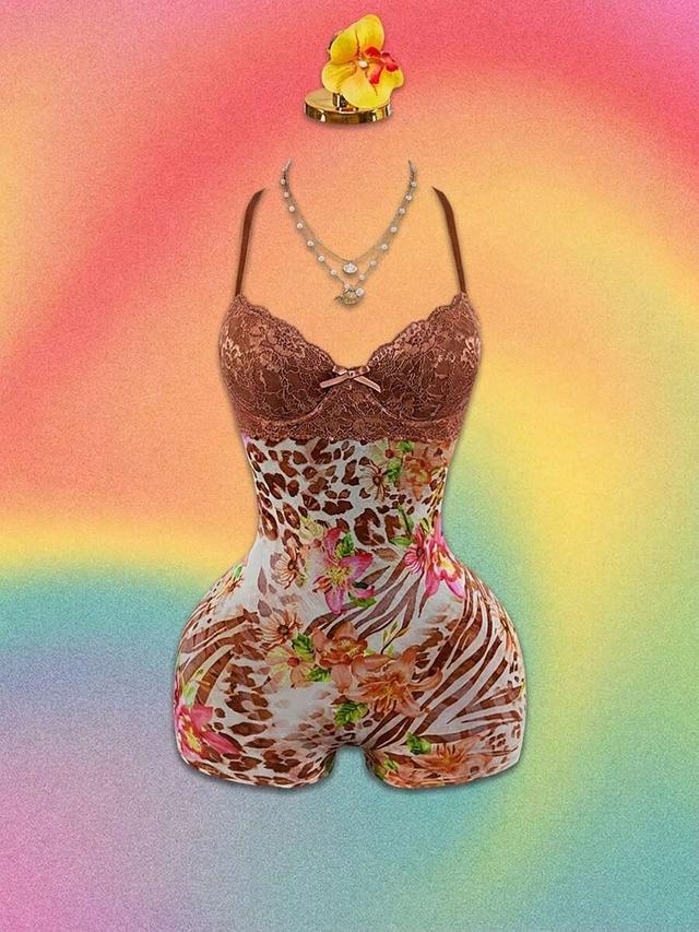lace-trimmed floral and leopard print bodysuit