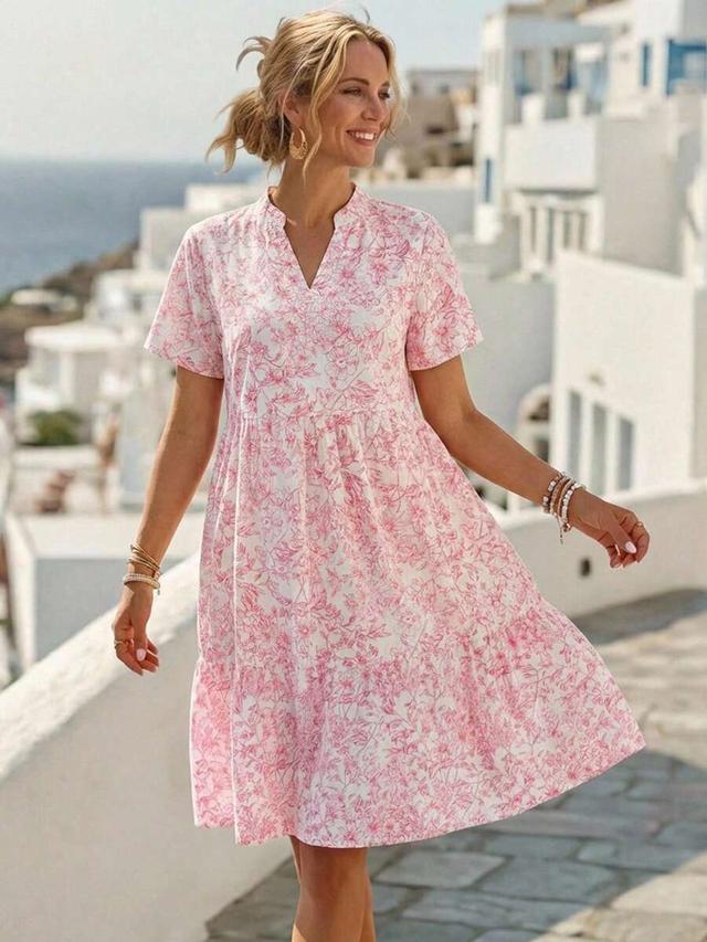 pink and white floral print v-neck tiered dress