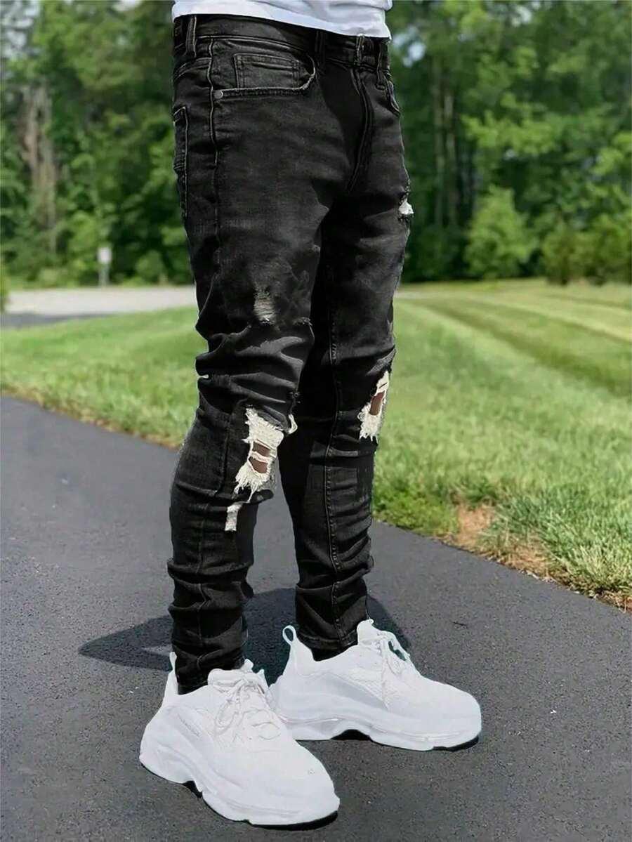 men's high street ripped grey denim jeans