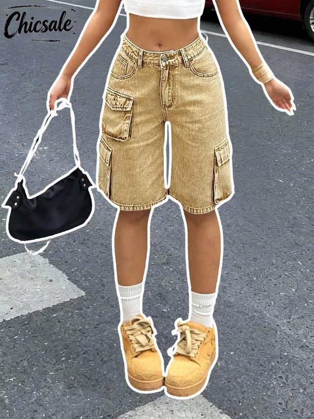 tan wash denim cargo shorts with utility pockets