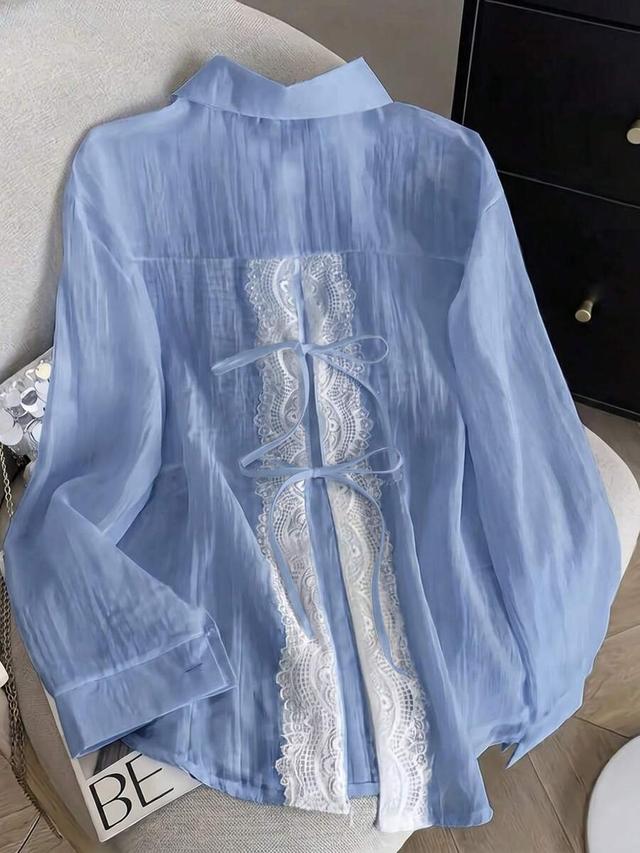 light blue semi-sheer lace trim layered button-up shirt