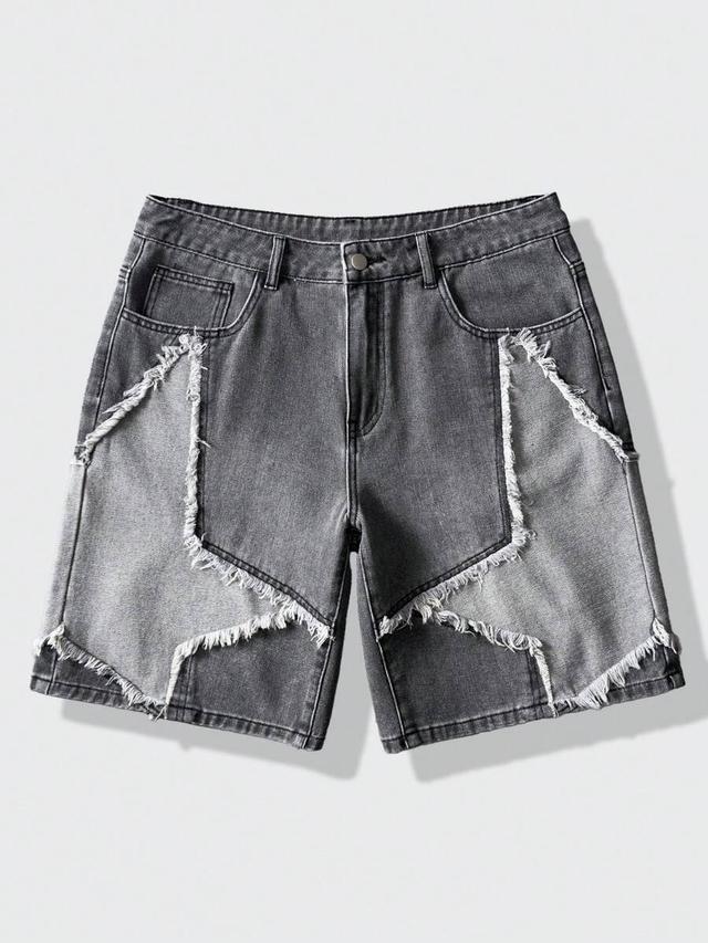 grey denim shorts with raw edge patchwork detail