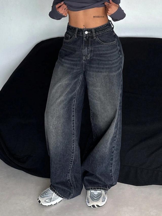 dazy women's straight leg washed black denim jeans