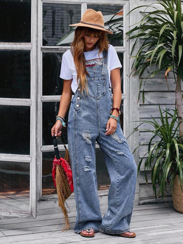distressed wide leg denim dungarees