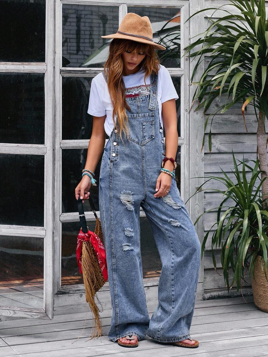 distressed wide leg denim dungarees