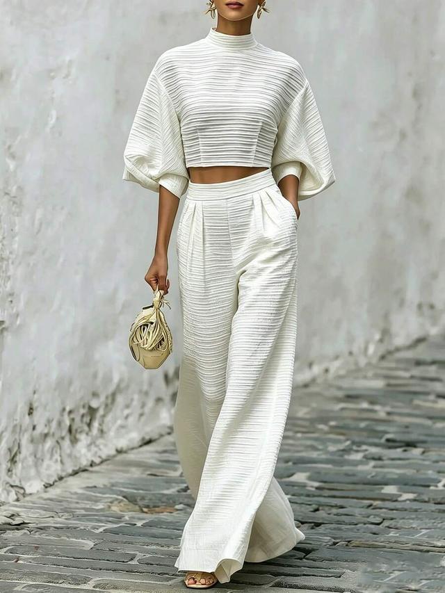 textured white high-waist wide-leg trousers