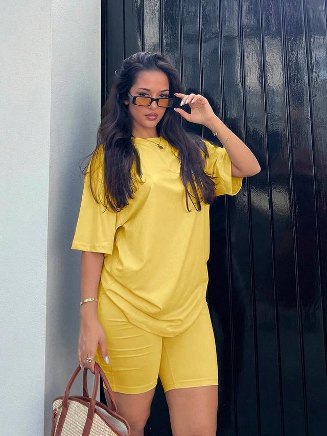 butter yellow casual short sleeve and shorts set