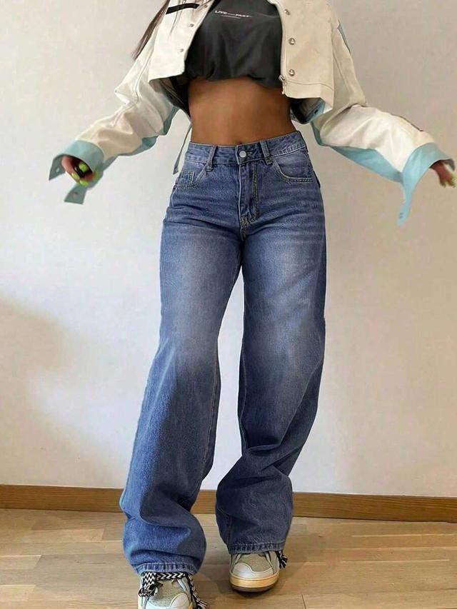 high waisted medium wash wide leg denim jeans