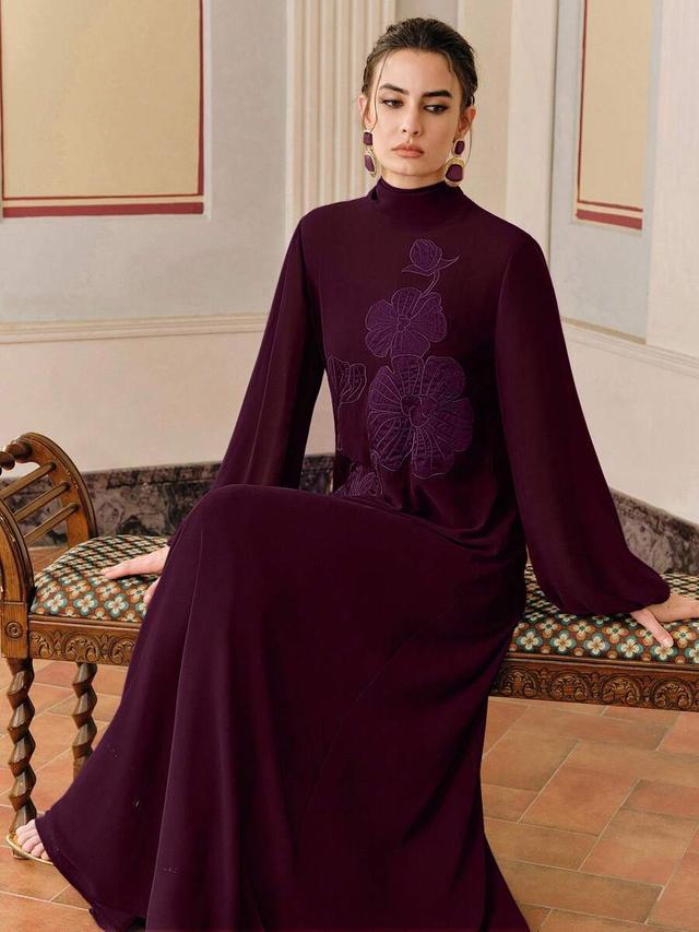 deep purple embroidered long sleeve robe dress