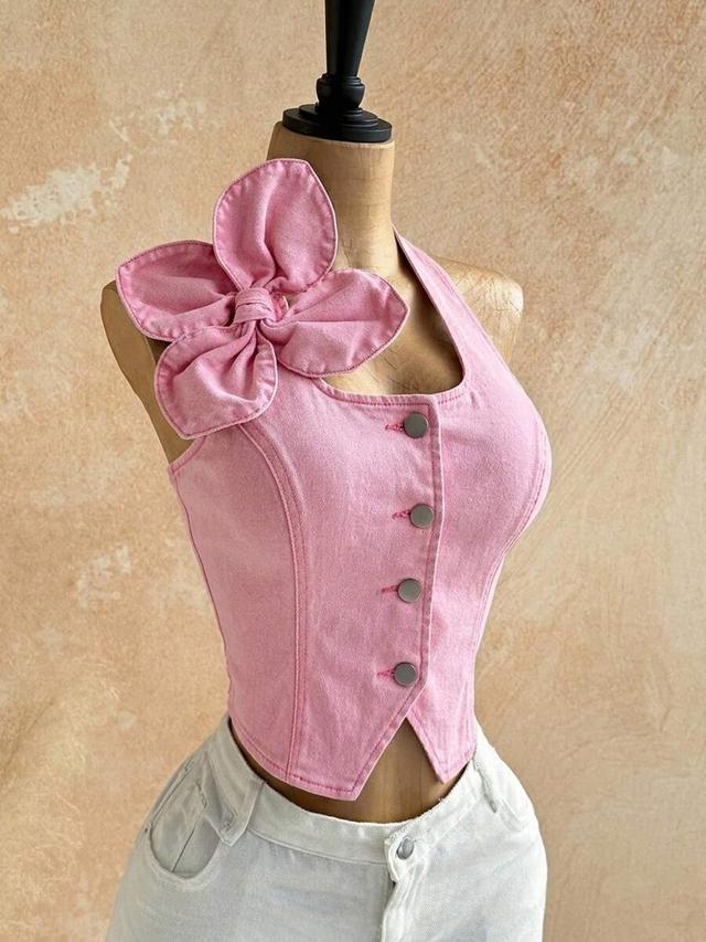 pink denim halter neck top with floral applique