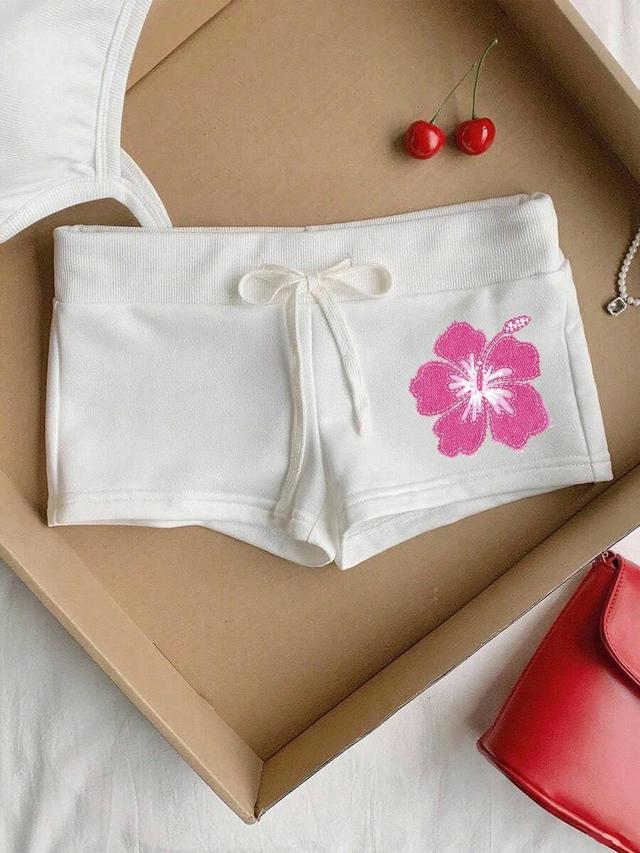 pink hibiscus casual minimalist pink hibiscus print white drawstring shorts