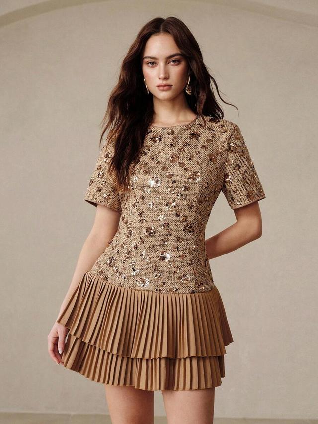 camel brown tweed dress with sequin embroidery and ruffles