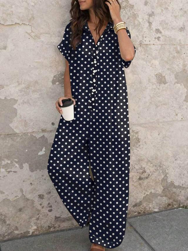 navy polka dot linen texture wide leg jumpsuit