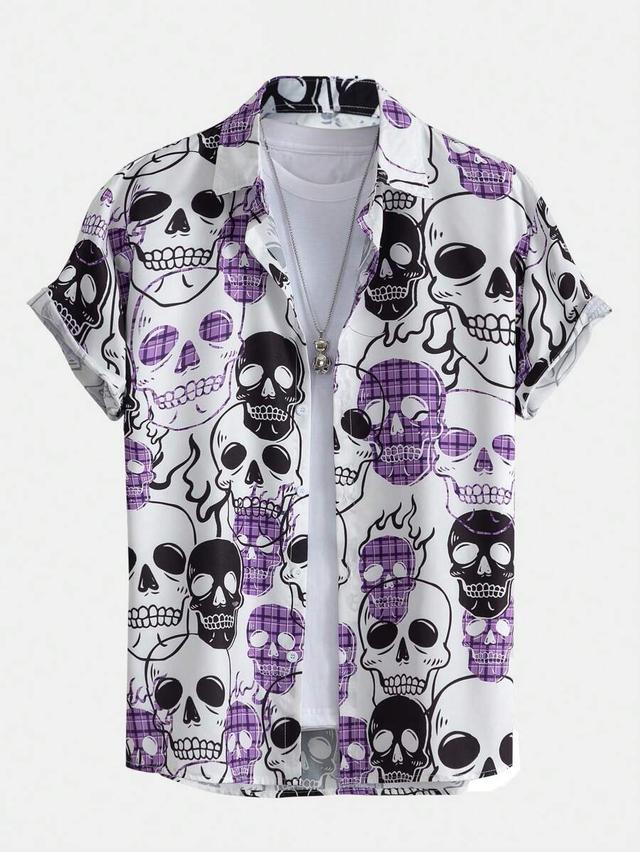 men's short sleeve skull print button up shirt