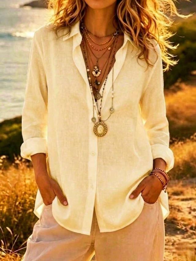 women's yellow linen long sleeve button down shirt