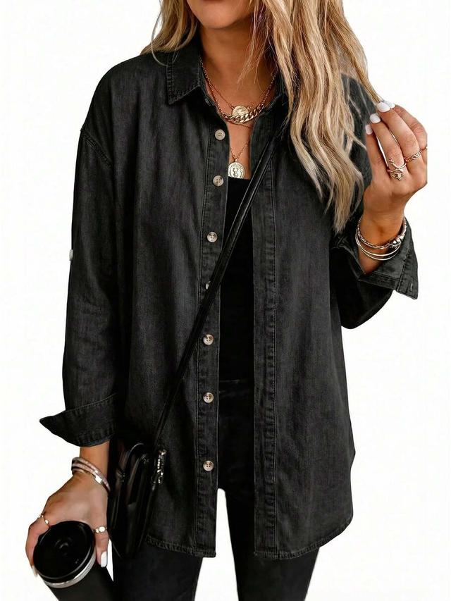 relaxed fit black denim long sleeve button down shirt
