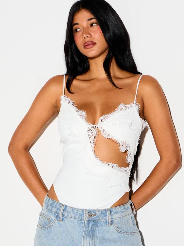 white lace mix strappy bodysuit with cut-out detail