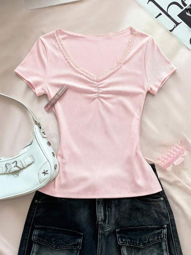 pink ribbed v-neck lace trim short sleeve top