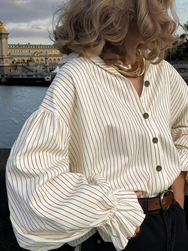 striped lantern sleeve button down blouse