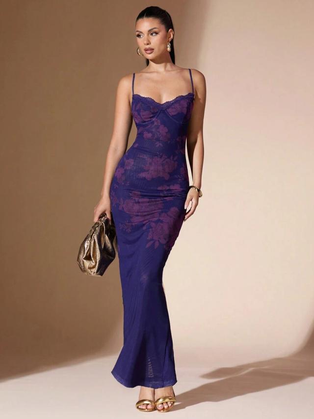 floral pattern lace trim camisole maxi bodycon dress