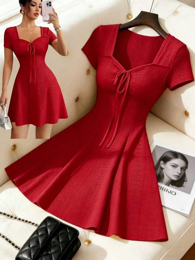 red knitted jacquard short dress with bow tie