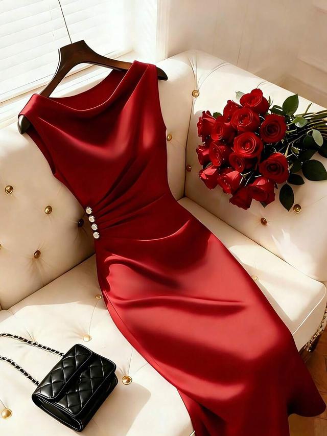 dark red satin cowl neck midi dress