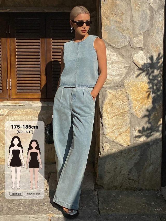 light wash denim sleeveless vest top and straight leg pants