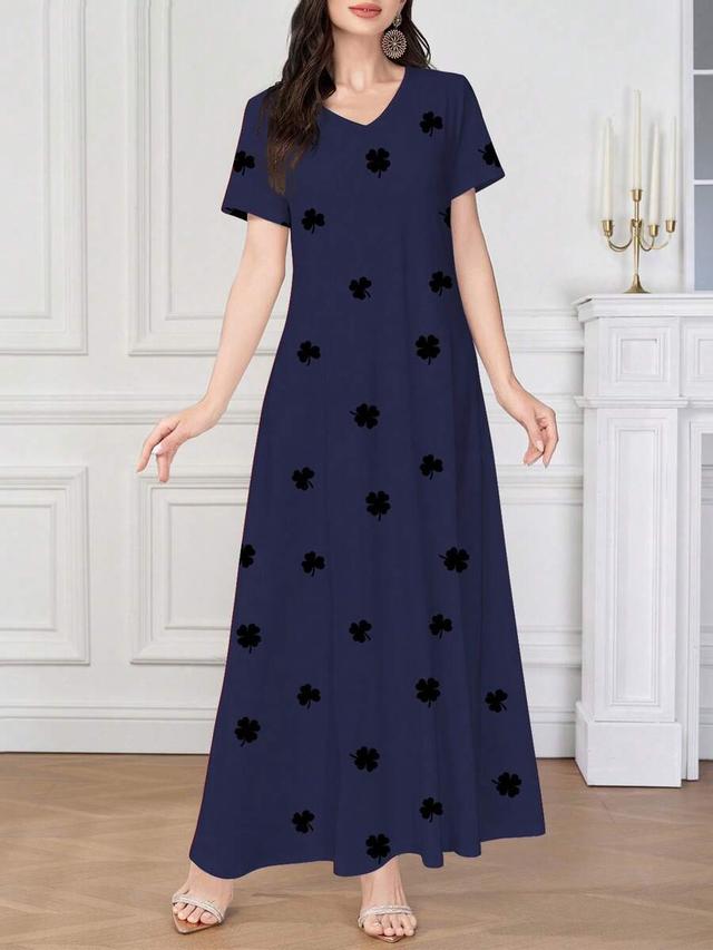 blue v-neck short sleeve clover print knit dress