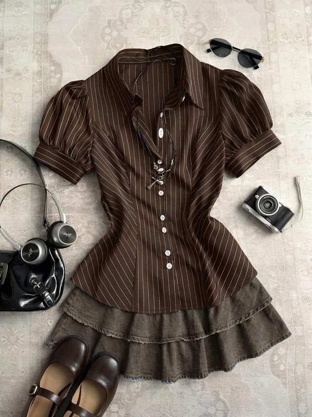 brown pinstripe fitted puff sleeve button blouse