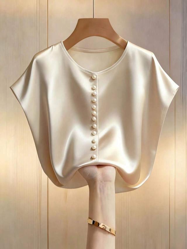 pearl white satin batwing blouse with pearl buttons