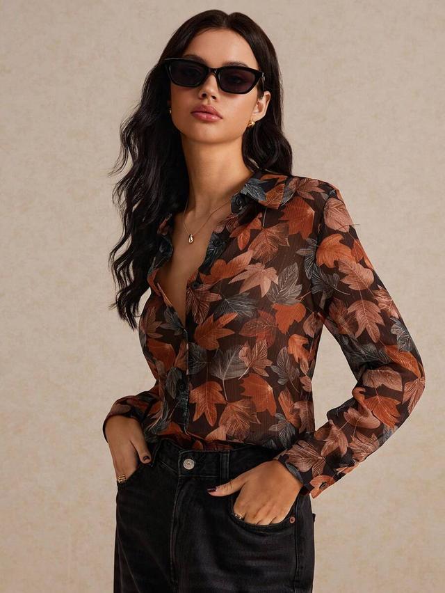 poéselle leaf print button front long sleeve shirt