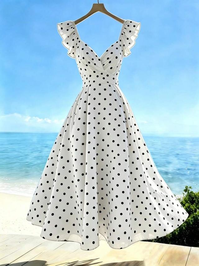 white polka dot v-neck ruffle sleeve backless dress