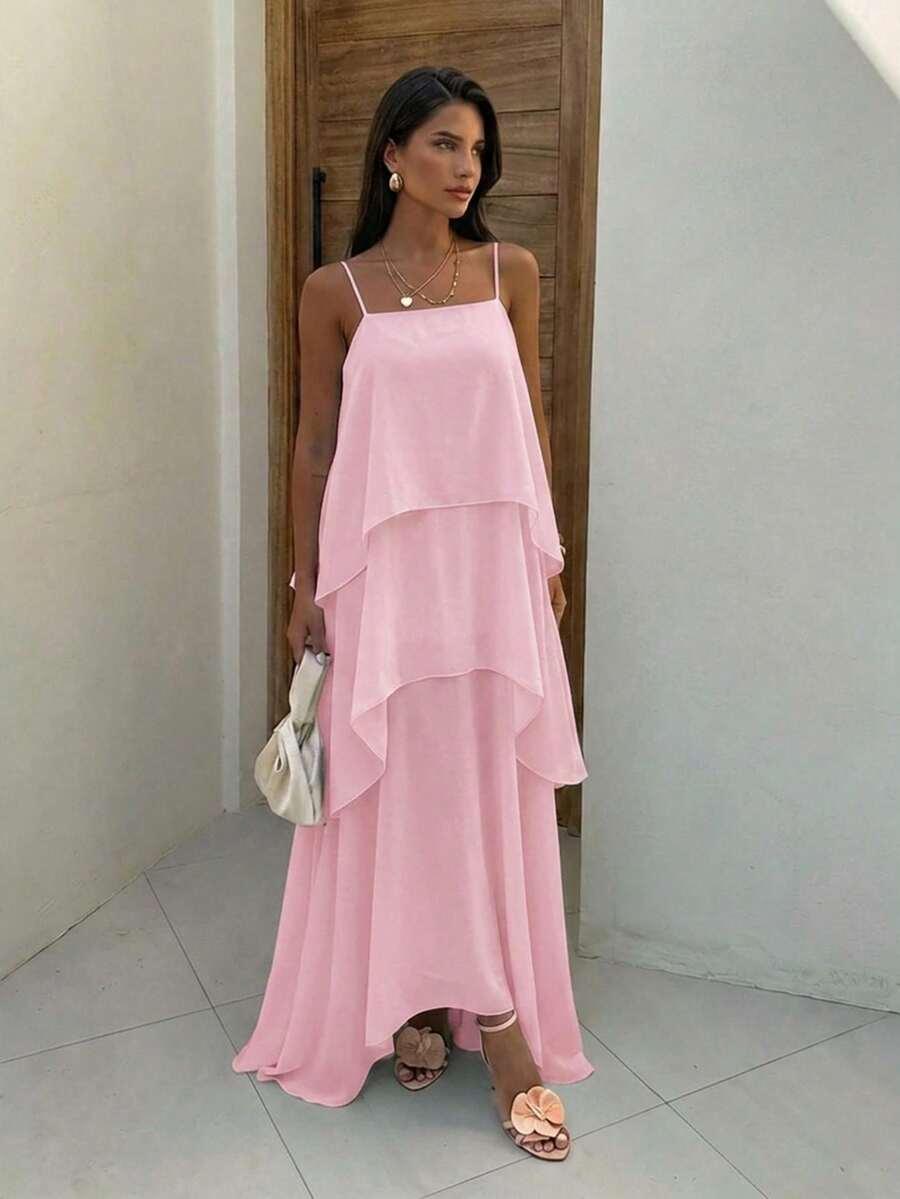 light pink layered chiffon spaghetti strap maxi dress